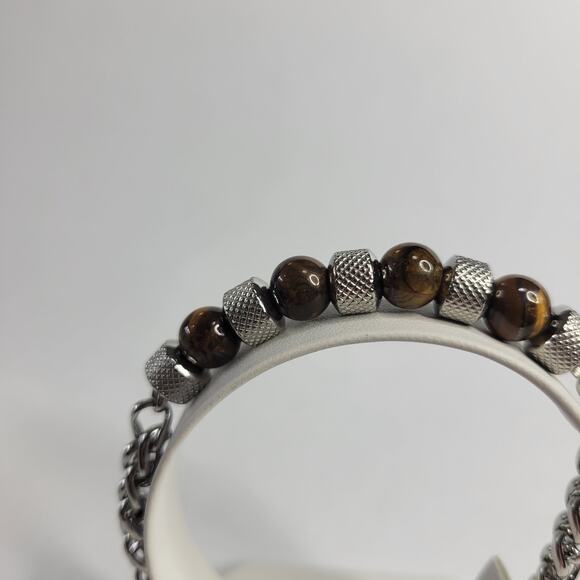 STEELTIME Men's Stainless Steel Wheat Chain Tiger Eye Beads Bracelet NEW - Picture 7 of 7